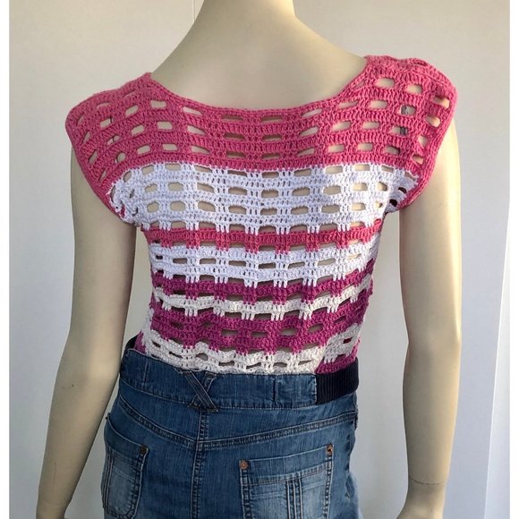 1970s Top, Size M, Vintage Crochet Shirt, Pink Knit Sleeveless Shirt - Picture 4 of 10